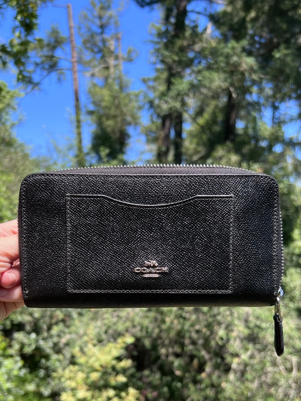 COACH Long Zip-Around Wallet Black Crossgrain Leather Silver Hardware AUTHENTIC